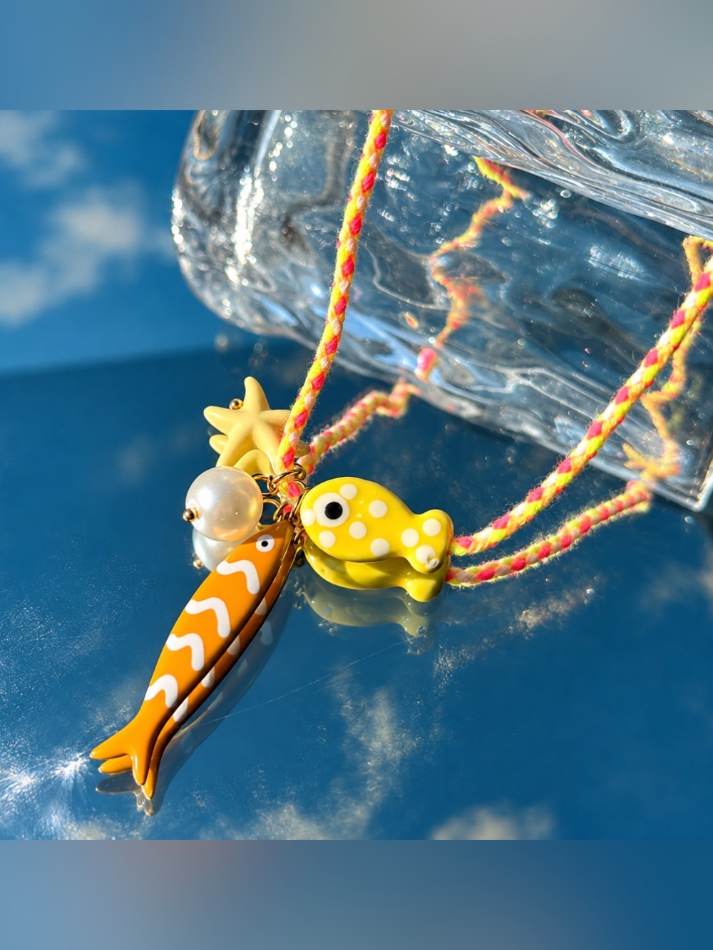 NIB Mayamar Ceramic Sardine Fish Starfish Pearl Braided Thread Colorful Necklace